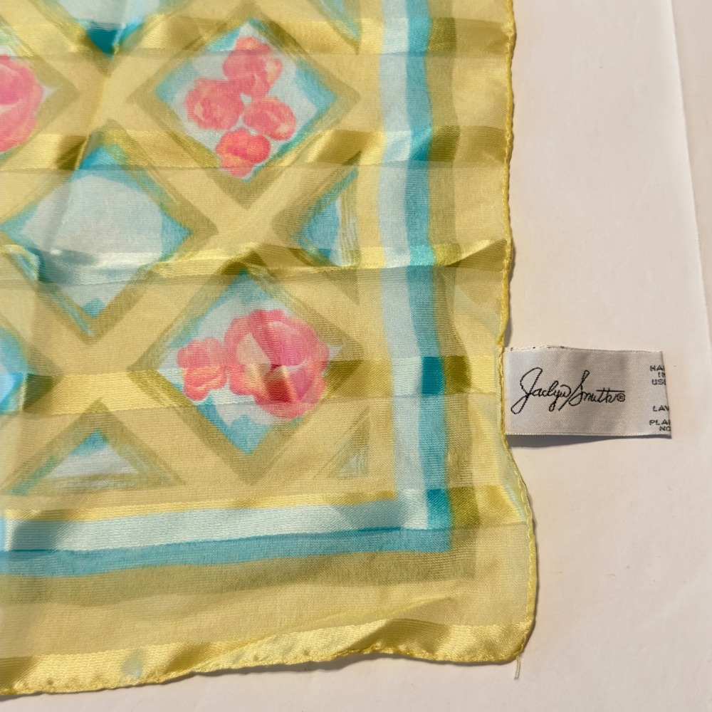 Jaclyn Smith Vintage Square Scarf Made in Italy Yellow Pink Floral Trellis 90s - Picture 4 of 7